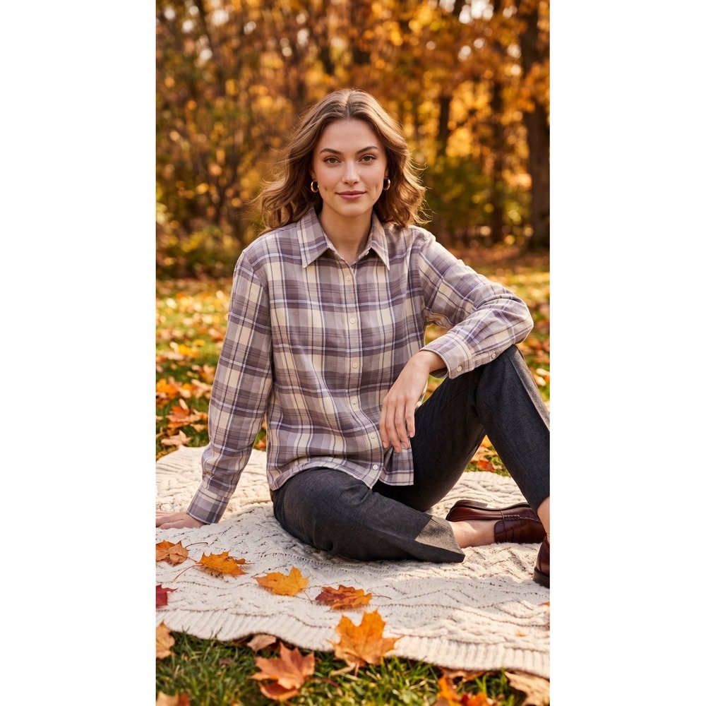 Lauren Ralph Lauren Shirt Black Label Women's L Tartan Plaid Button Down Tan